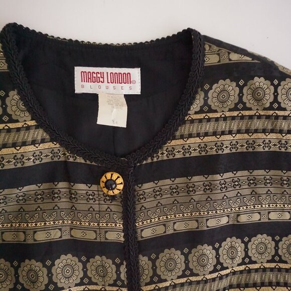 Vintage Maggy London Gold Black Floral Metallic Button Up Blazer 14 - Picture 10 of 10